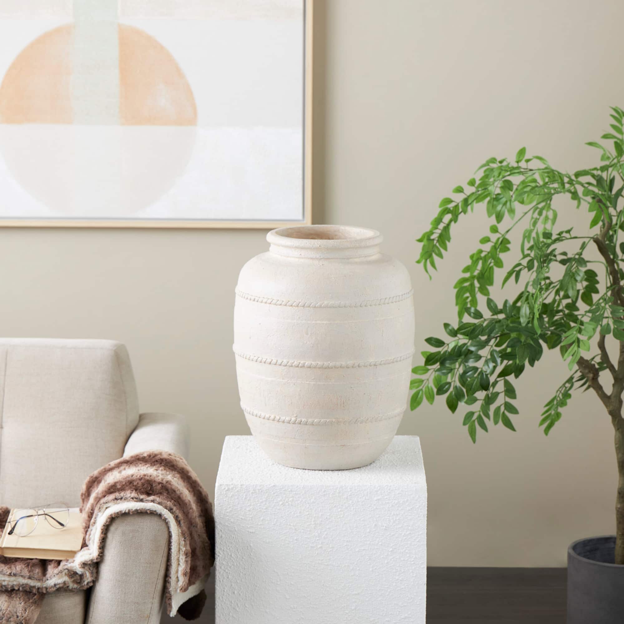 18" Cream Distressed Stone Vase with Raised Braided Accents